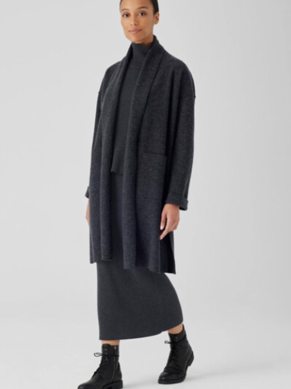 Eileen Fisher Lightweight Boiled Wool High Collar Coat in Petite Small
